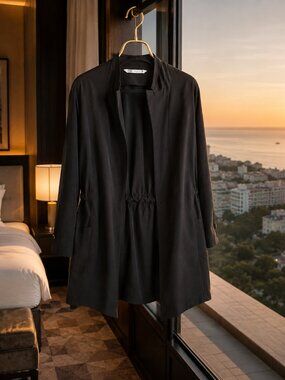 Zara Black Open Front Longline Blazer Jacket | Cinched Waist | Size Large